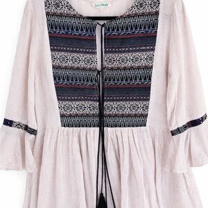 Cotton Bleu Boho Embroidered Peasant Blouse Tassel Tie Pink Size L